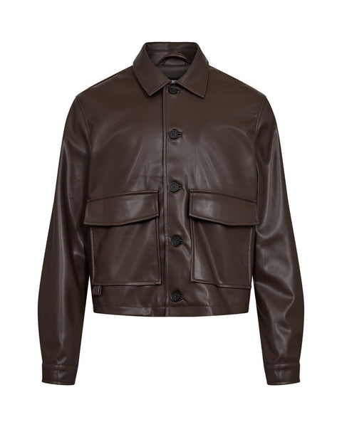 Faux Leather Overshirt - Dark Brown