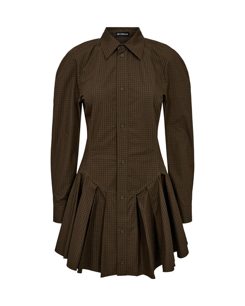 Checked Pleated Dress - Dark Brown